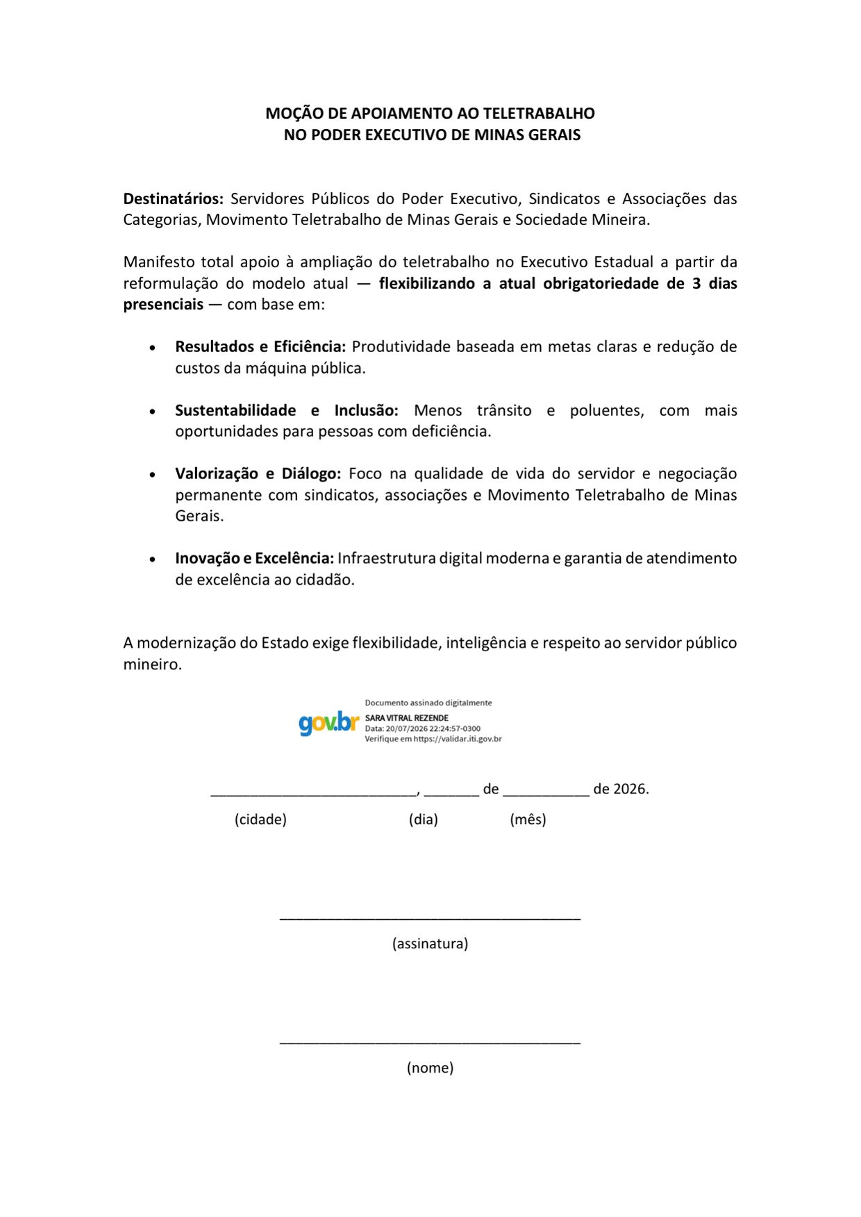 Moção de apoiamento ao teletrabalho no Poder Executivo de Minas Gerais — página 1 de 1