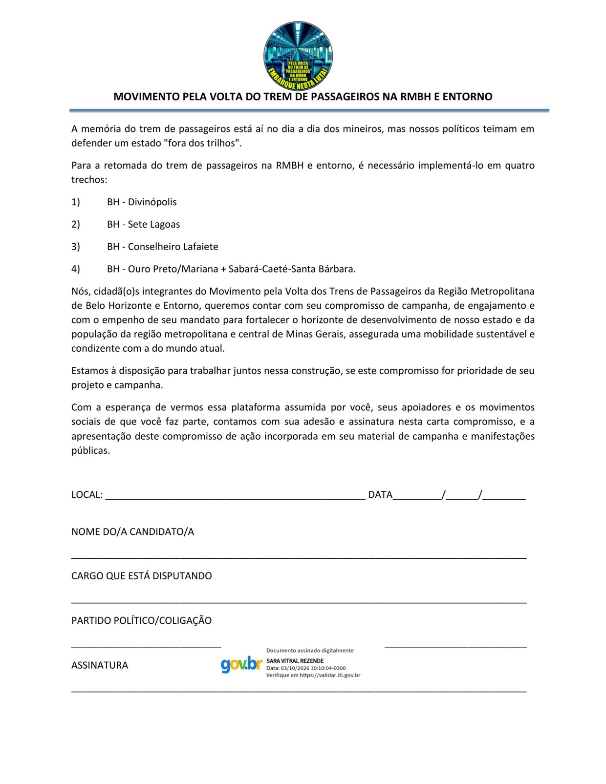 Carta compromisso pela volta do trem de passageiros — página 2 de 2